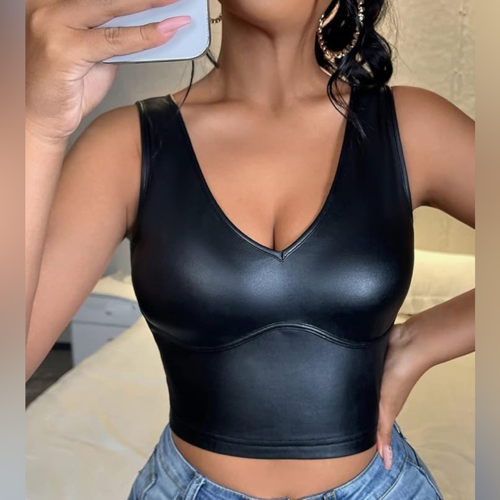 Black faux leather crop top